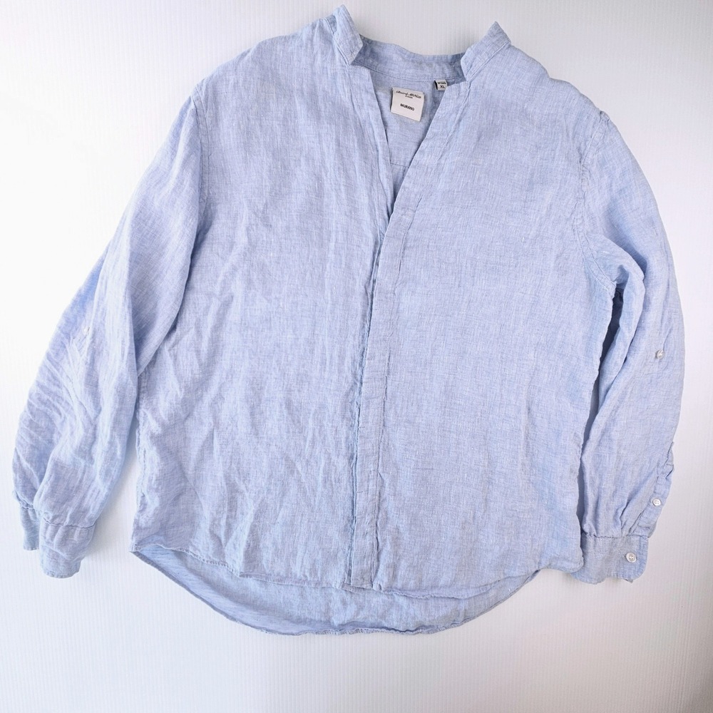 Murano Baird McNutt Blue Irish Linen Shirt Mens XL Band Collar Coastal Luxury